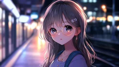 Night rail platform portrait with reflective anime lighting.