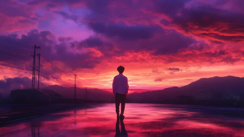 Solitary figure walks toward a neon violet and crimson sunset