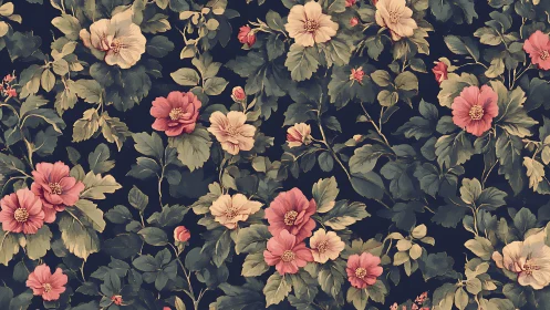 Dense floral pattern with stylized pink and cream blossoms.