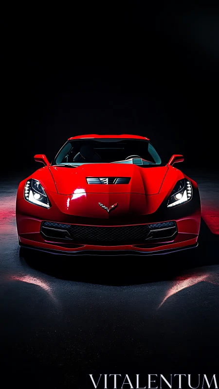 Low key frontal studio view of red sports coupe with LED headlights