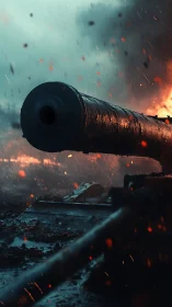 Cannon barrel directed forward amid environmental fire debris.