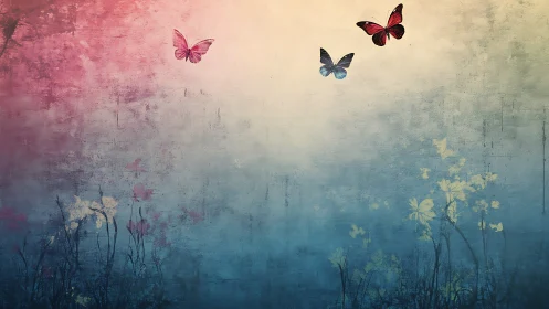 Butterflies drift across twilight garden haze of color.