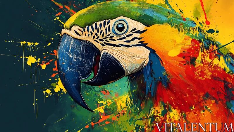 Vibrant parrot portrait in abstract digital paint splatter style.