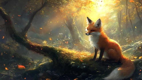 Forest fox pauses in a lantern of autumn light and drifting leaves