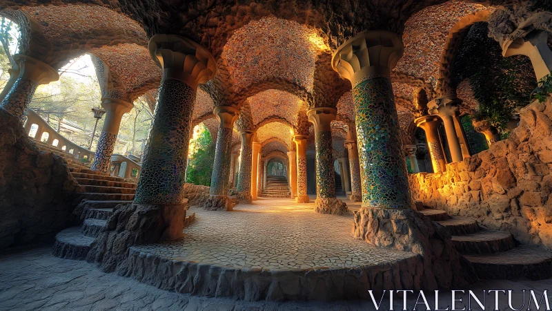 Sunlit stone arcade with mosaic columns and curved steps