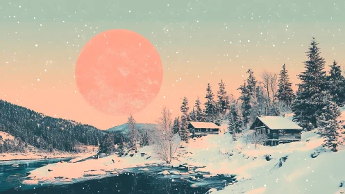 Cozy riverside cabins under a dreamy pastel winter sun.