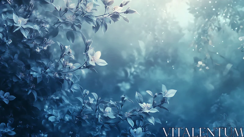 Serene Blue Blooms: Delicate Flowers in Soft Mist.