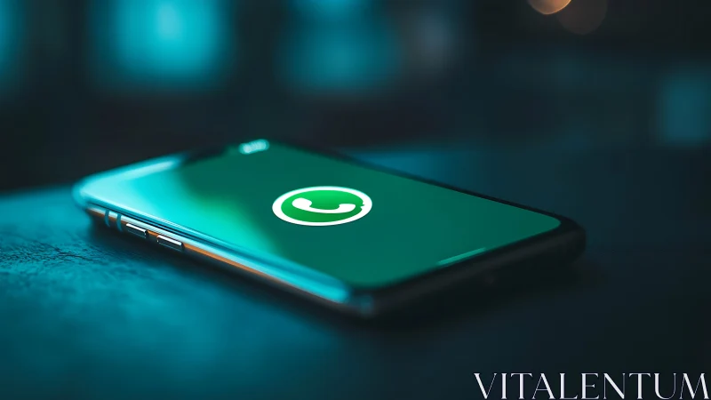 Smartphone With WhatsApp Launch Screen in Neon Teal Environment.