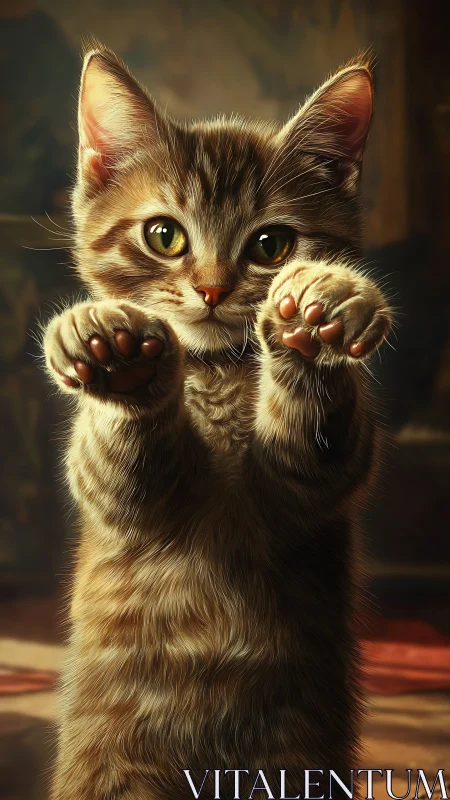 Tabby Cat with Raised Paws and Striking Amber Eyes
