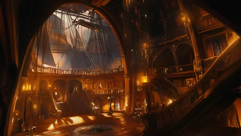 Golden ship hall interior with towering masts and balconies.