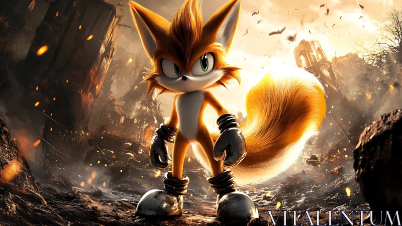 Anthropomorphic fox warrior in cinematic post-apocalyptic ruins