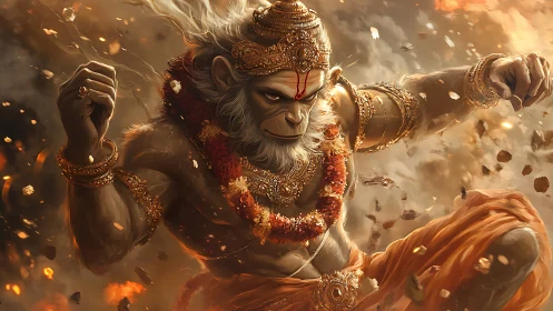 Divine warrior Hanuman charging through blazing embers.
