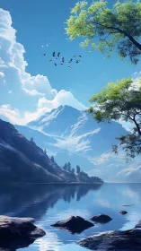 Mountain lake landscape with distant peaks under clear sky.