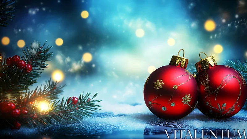 Red ornaments on snowy surface with evergreen branches.