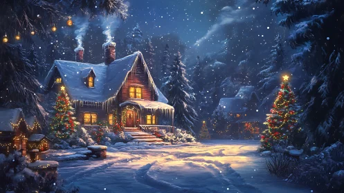 Snowy forest cottage with glowing Christmas lights at night.