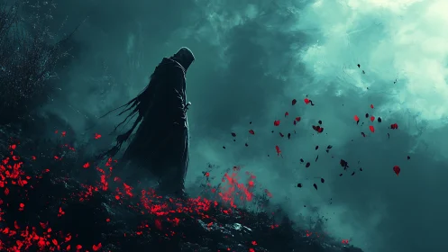 Hooded figure stands on misty slope as red petals scatter
