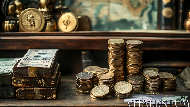 Stacks of coins and cash on vintage wooden desk scene