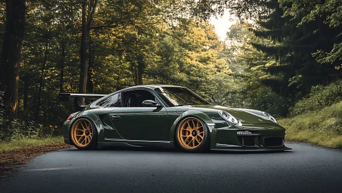 Photorealistic widebody sports car on forest road at dusk.