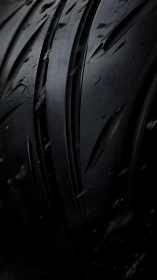 Wet performance tire tread in dramatic low key lighting.