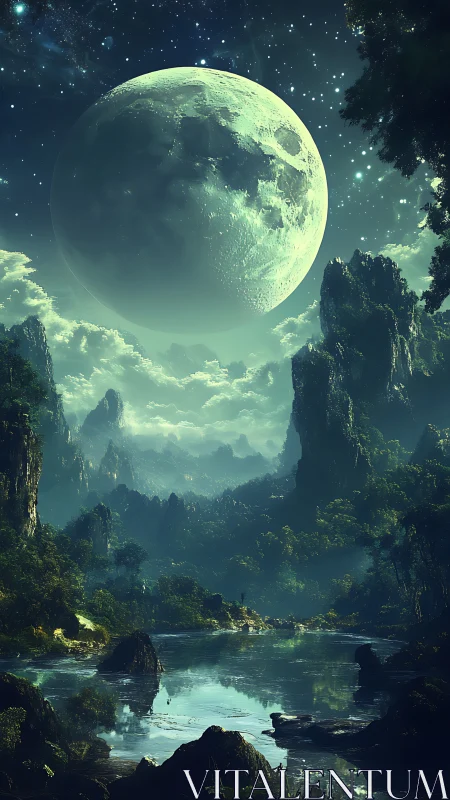 Luminous moonrise above emerald alien rainforest and lake.