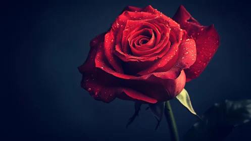Crimson Rose with Dewdrops: High-contrast botanical macro photography with dramatic backlighting