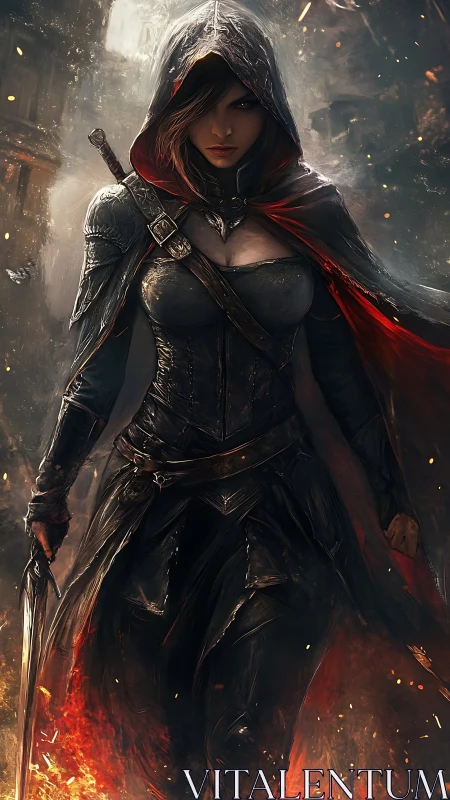 Hooded female warrior in dark armor amid burning ruins.