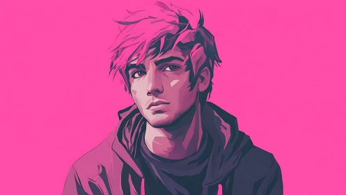 Digital portrait shows stylized male figure on uniform pink background