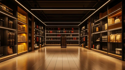 Luxury storage hall with illuminated shelving and warm light.