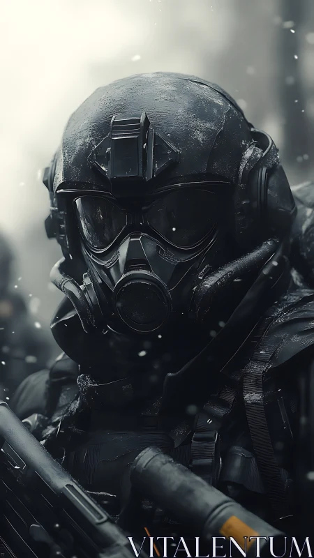 Stoic winter soldier in futuristic tactical armor stands ready.