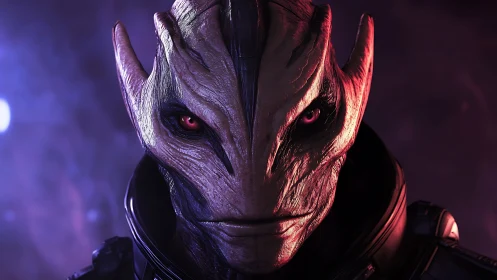 Staring alien commander under cinematic magenta rim light.