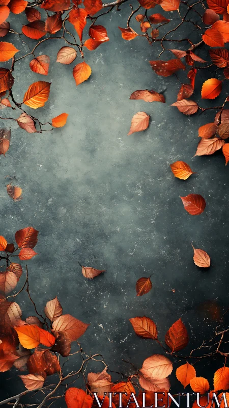 Autumn leaves frame a misty teal void with quiet drama.