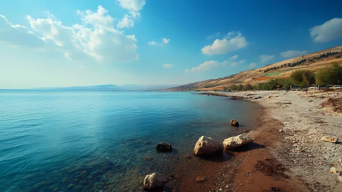 Coastal lake shoreline curves beneath expansive cyan sky