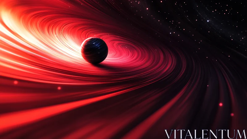 Dark sphere in swirling red cosmic energy field orbit.