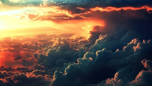 Sunset storm clouds burn with vivid orange and deep blue.