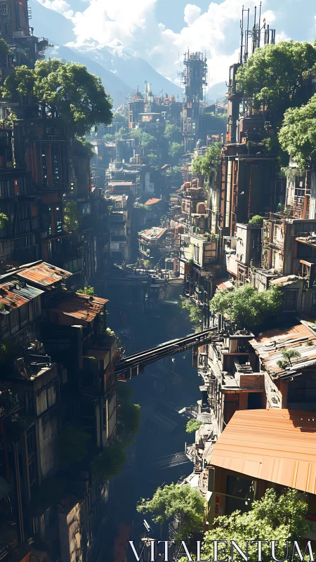 Sunlit vertical cityscape blends steel towers with green life