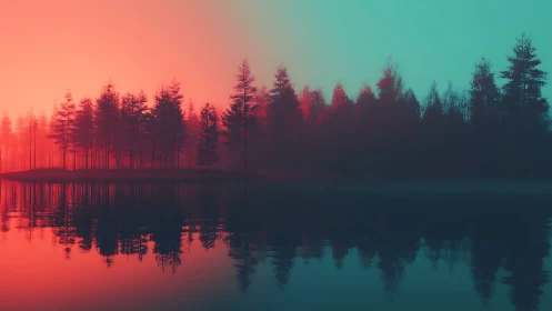 Dreamlit forest shoreline mirrored in neon dusk glow.