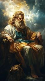 Majestic enthroned deity rendered in luminous digital chiaroscuro