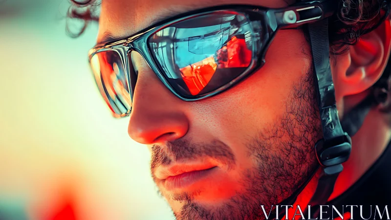 Close-up portrait of cyclist wearing mirrored sport sunglasses