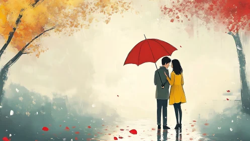 Autumn Romance Under Red Umbrella: Digital Illustration.