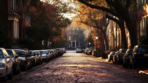 Cobbled residential street rendered in warm late-afternoon light