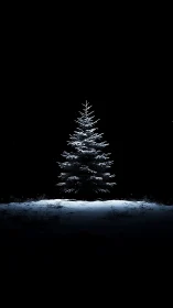 Snow covered conifer tree centered against black night sky.