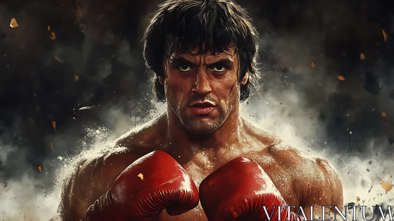 Digital portrait of athletic male boxer rendered with high-contrast cinematic lighting and particle 