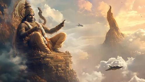 Celestial guardian resting above clouds in golden calm.