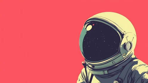 Stylized astronaut profile on bold flat coral background.