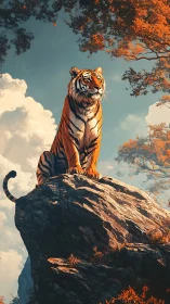 Sunlit tiger crowns a cliff beneath autumn-burnished sky