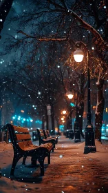 Snowy city park glows under warm lamplight at midnight