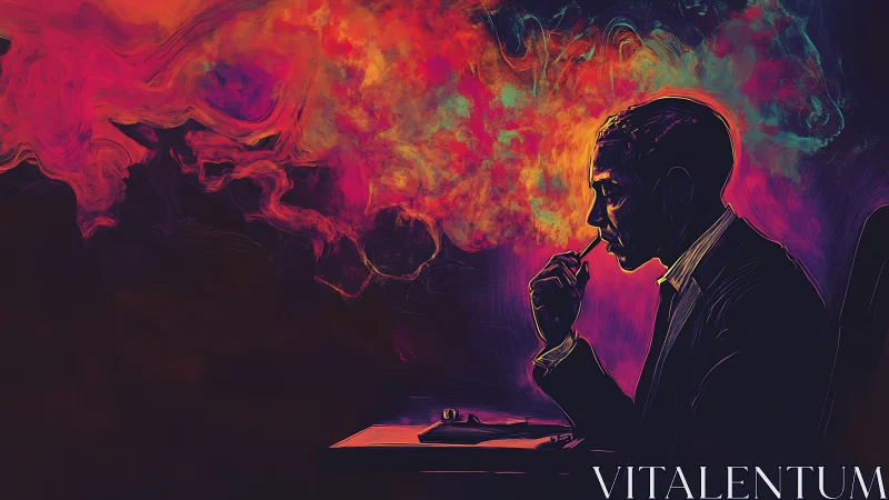 Contemplative smoker with neon vapor cloud in profile view.