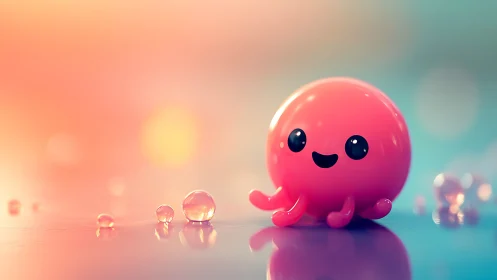 Playful glossy octopus character in pastel bokeh environment.