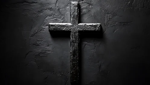 Textured black cross against a quiet, shadowed wall.