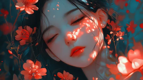 Chromatic bokeh-lit portrait of dreaming floral immersion.
